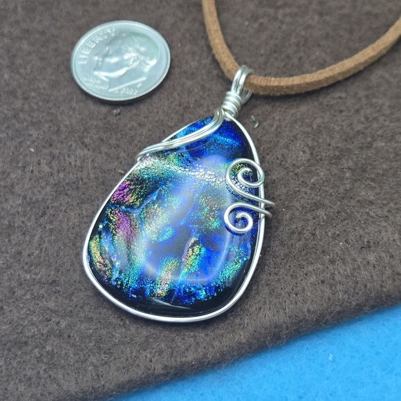 Rainbow Dichroic Glass Wire-Wrapped Pendant Necklace - Picture 5 of 6
